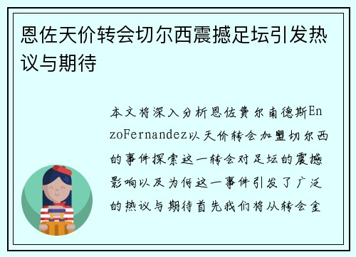 恩佐天价转会切尔西震撼足坛引发热议与期待